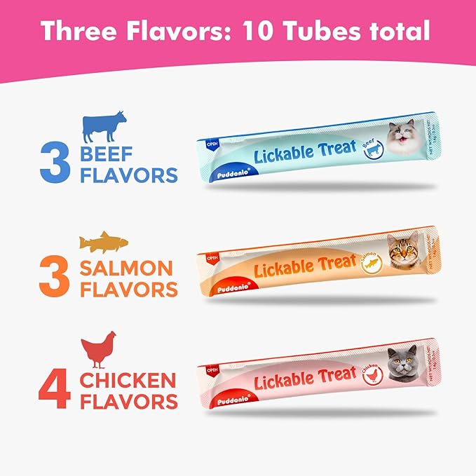 Puddonio High-Meat Lickable Cat Treats, Grain & Gum Free, No Additives, All-Natural High Protein Puree, 0.5oz Tubes (Pack of 10)