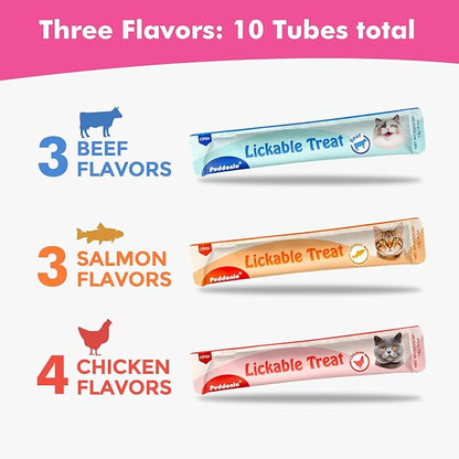 Puddonio High-Meat Lickable Cat Treats, Grain & Gum Free, No Additives, All-Natural High Protein Puree, 0.5oz Tubes (Pack of 10)