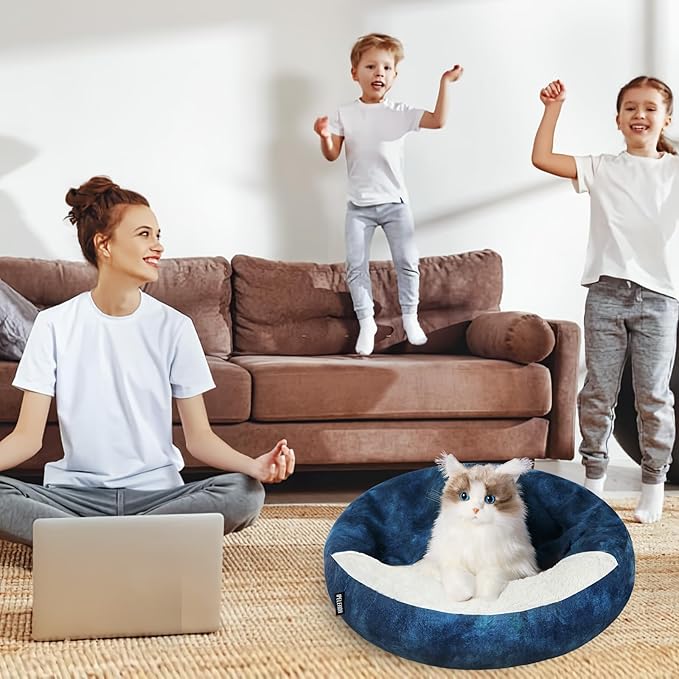 Cozy Soft Dog Bed with Hooded Blanket Warm Calming Cat Cave for Small Medium Dogs and Cats, Non-Slip Bottom & Machine Washable Pet Beds, Navy Blue 26x26x7″