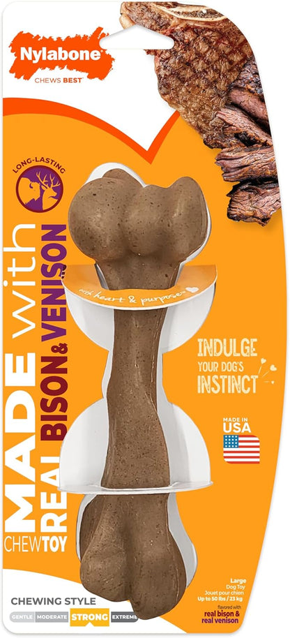 Nylabone Femur Bone Strong Chew Toy for Dogs Made with Real Bison & Venison, Durable Dog Chew Bones for Aggressive Chewers, Long-Lasting Flavor Keeps Dogs Busy, Large Dog Toys - Up to 50 lbs, 1 Count