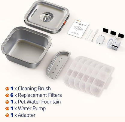 Cat Water Fountain Stainless Steel: 4L/140oz Pet Fountain Water Bowl Indoor, Automatic Dog Drinking Dispenser, Cat Feeding Watering Supplies, Metal Kitty Waterer Fountain, 6 Replacement Filters