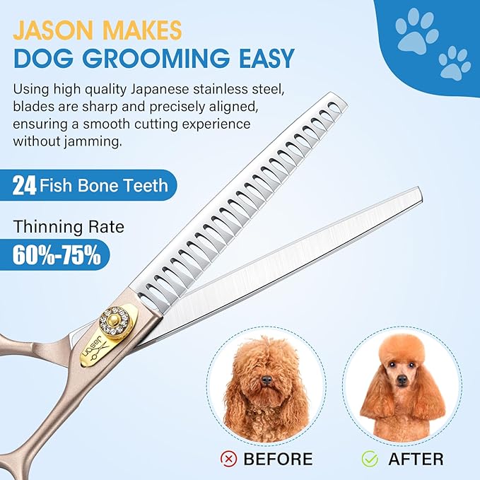 JASON 7.5" Dog Grooming Scissors - Professional Chunker Thinning Shear with with 24 Fishbone Teeth Japanese 440C Stainless Steel Hair Scissor with Diamond Screw for Dogs, Cats and Other Pets Christmas
