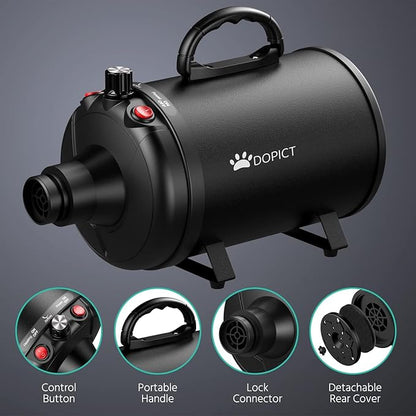 Pet Dryer, 5.2HP/3800W Pet Grooming with Adjustable Speed and Temperature Control Dog Blow Dryer, Pet Hair Dryer with 3 Nozzle