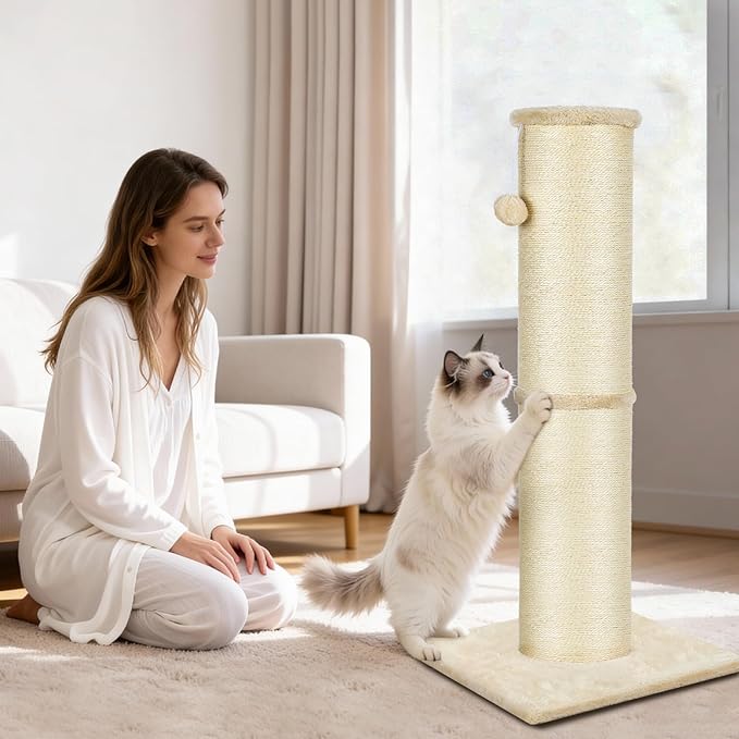 PAWSCRAT Cat Scratching Post 32 Inch High, 5.5 Inch Large Diameter Natural Sisal Cat Scratch Post, Scratch-Resistant and Durable Tall Cat Scratcher for Indoor Cats, Protect Your Furniture, Beige