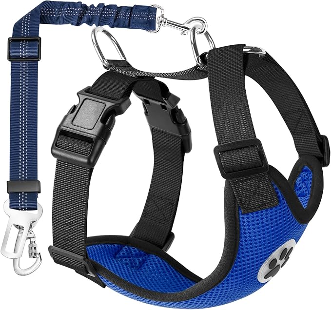 Lukovee Dog Seat Belt - Adjustable Dog Car Harness for Large, Medium, Small Dogs - Soft Padded & Breathable Mesh Dog Seatbelt with Vehicle Connector Strap (Blue Double Clip, X-Small)