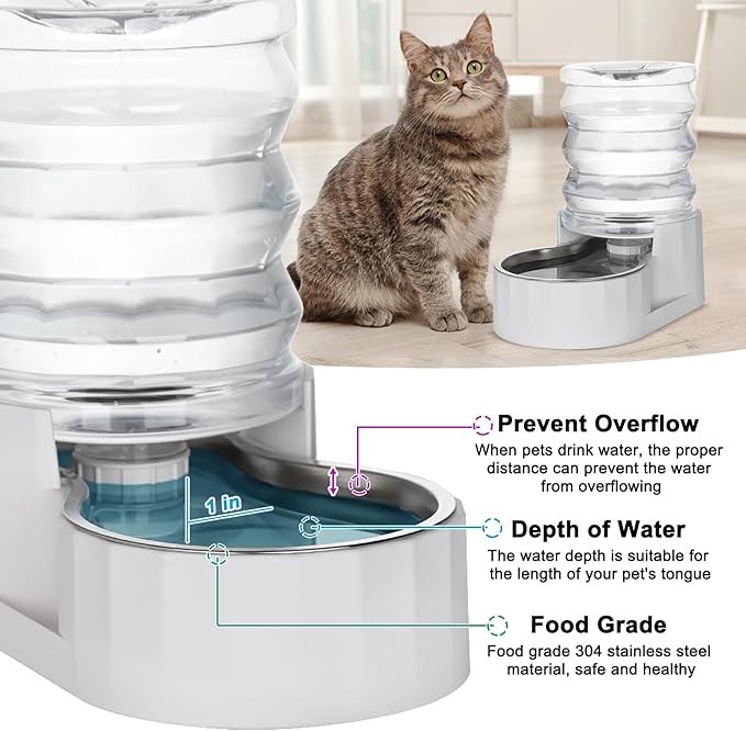 RIZZARI Gravity Water Bowl Dispenser: 4L White Stainless Steel Water Feeder Without Filter - Detachable Food-Grade Bowl -Spill-Proof - for Small Cats & Busy Multi-Pet Owners - Home Bedroom Garden