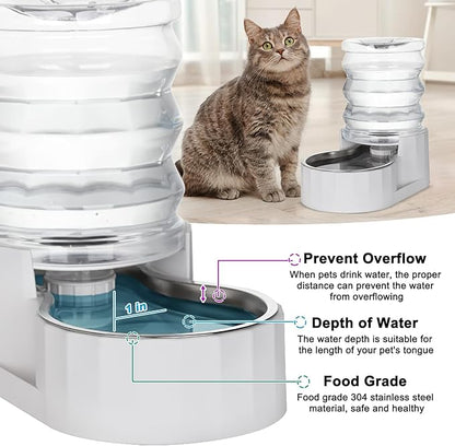 RIZZARI Gravity Water Bowl Dispenser: 4L White Stainless Steel Water Feeder Without Filter - Detachable Food-Grade Bowl -Spill-Proof - for Small Cats & Busy Multi-Pet Owners - Home Bedroom Garden