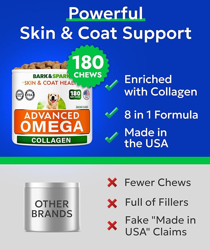 BARK&SPARK Advanced Omega-3 Collagen for Dogs - 180 Fish & Salmon Oil Treats for Dog Shedding, Skin Allergy Chews, Itch Relief, Hot Spots Treatment - Joints, Skin&Coat Supplement, EPA&DHA Fatty Acids