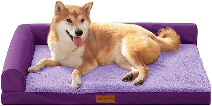 Patas Lague Orthopedic Dog Bed Medium Size Dog 30''X20'', Waterproof L Bolster Medium Pet Sofa Beds with Removable Washable Cover, Soft Comfortable Pet Couch Crate Mat with Nonskid Bottom, Purple