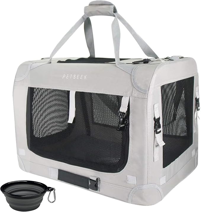 Petseek Extra Large Cat Carrier Soft Sided, Portable Small Dog Carrier for 2 Cats, 24"x16.5"x16" Car Travel Folding Comfortable Design with Bowl, Grey