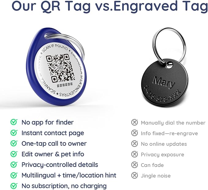 QR Code Dog Tag and Cat Tag, Scan to Reunite Faster, Waterproof and Durable, Lightweight and Quiet, Updatable Contact Info, Blue for Cool Tone