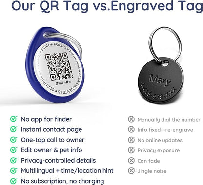 QR Code Dog Tag and Cat Tag, Scan to Reunite Faster, Waterproof and Durable, Lightweight and Quiet, Updatable Contact Info, Blue for Cool Tone
