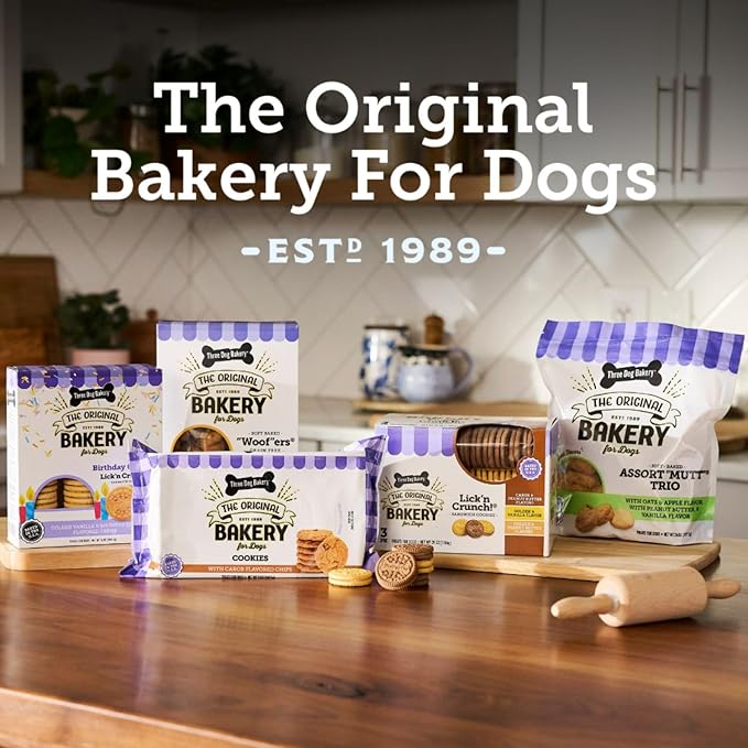 Three Dog Bakery Lick'n Crunch Baked Dog Treats, Carob and Peanut Butter Flavor, 13 Ounce Box, 6-Pack (114059)