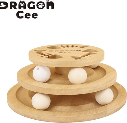 DRAGONCEE Cat Ball Track Toy, Interactive Toys for Indoor Cats, Wooden Tower of Tracks Cat Toy– 3-Level Track Tower with 6 Balls