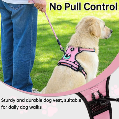 NESTROAD No Pull Dog Harness,Adjustable Oxford Dog Vest Harness with Leash,Reflective No-Choke Pet Harness with Easy Control Soft Handle for Large Dogs(X-Large,Pink)