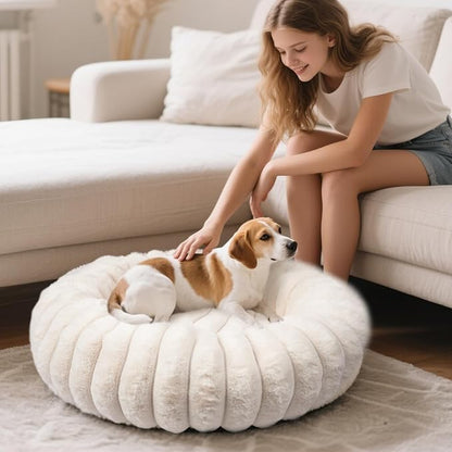 Warming Faux Rabbit Fur Pet Beds – Luxurious Donut Dog & Cat Bed, Anti-Anxiety Calming Cuddler Bed for Small Medim Dogs, Washable Round Puppy Kitten Beds, Non-Slip Bottom(31x31x8, White)