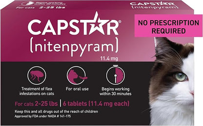 Capstar (nitenpyram) Cat Flea Treatment, Fast-Acting Oral Flea Treatment for Cats 2-25 lbs, Vet-Recommended Medication Tablets Start Killing in 30 Minutes, 6 Doses