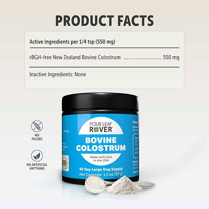 Four Leaf Rover Bovine Colostrum for Dogs - from 100% Grass-Fed New Zealand Cows - for Skin, Gut & Immune Health - 60 Day Large Dog Supply