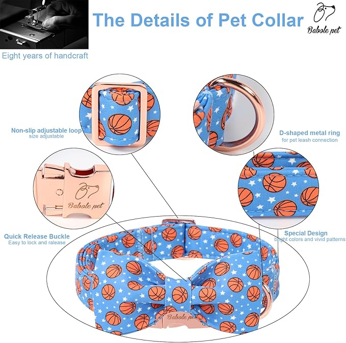 Cute Boy Dog Collar with Bow Tie - Adjustable Blue Basketball Bowtie Collar Spring-Summer Breathable Comfort Dog Collars for Small Medium Large Dogs M