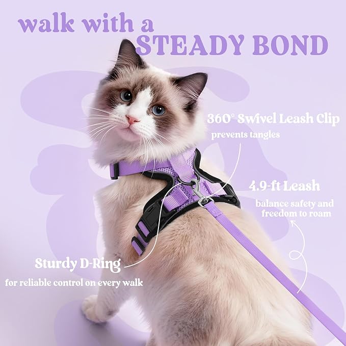 rabbitgoo Cat Harness and Leash for Walking, Escape Proof Soft Adjustable Vest Harnesses for Cats, Easy Control Breathable Reflective Strips Jacket, Light Purple, S
