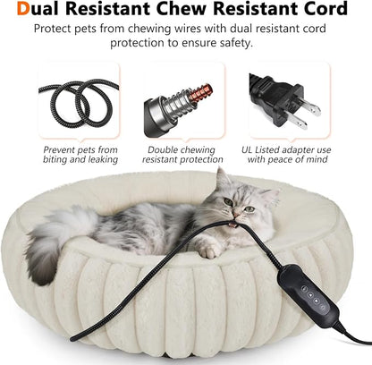 INVENHO Heated Cat Beds for Indoor Cats and Small Dogs, 20" Cozy Donut Heated Pet Bed with Timer & Temp Adjustable, Removable Waterproof Electric Warming Bed for Indoor Cat