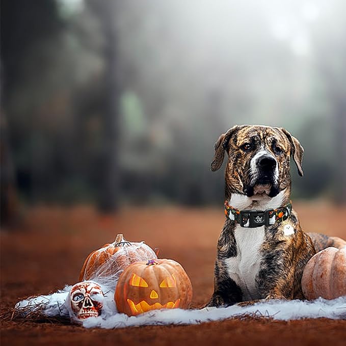 Elegant little tail Halloween Dog Collar, Pumpkin with Ghost Print Black Halloween Pet Collars Cotton Soft Sturdy Puppy Collars Holiday Female Adjustable Collar for Large Dogs