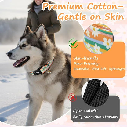 Dog Collar with Rainbows & Flowers Patterns, Spring Summer Collection Dog Collar with Exquisite Pendant, Durable Adjustable Collars for Gifts & Daily Use-M