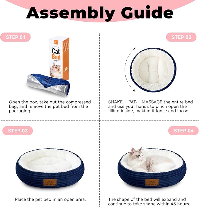 Zerbuger 20in Washable Cat Beds for Indoor Cats - Round Donut Pet Bed for Cats, Small Dogs, Puppy, Kitten - Anti-Slip Bottom, Calming Bed Gift - Navy Blue