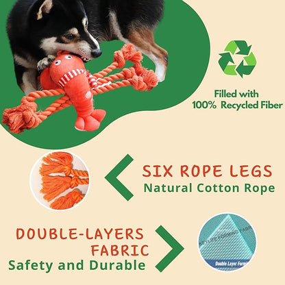 Pawfoo Lab Squeaky Dog Toys, Rope Tug of War Dog Toys, Interactive Lobster Plush Chew Toys, Dog Gifts for Puppy, Small Medium Large Dogs