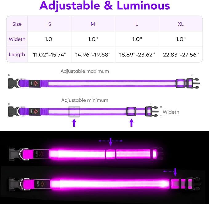 VIZPET LED Dog Collar, Light Up Dog Collar Adjustable USB Rechargeable Super Bright Safety Light Glowing Collars for Dogs (Purple, Small[11.02-15.74 inch/28-40cm])