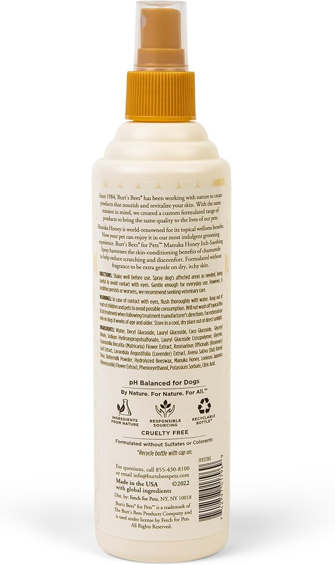 Burt’s Bees for Pets Itch Spray with Manuka Honey and Chamomile for Dogs - Naturally Derived Ingredients, Formulated Without Artificial Fragrances, Sulfates, Colorants, 10 Fl Oz
