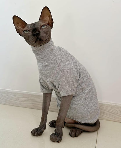 Sphynx Hairless Cats Shirt Cotton Cat Turtleneck Sweater Pullover Kitten T-Shirts with Sleeves Cat Pajamas Jumpsuit for Sphynx Cornish Rex, Devon Rex, Peterbald (X-Large (Pack of 1), Light Grey)