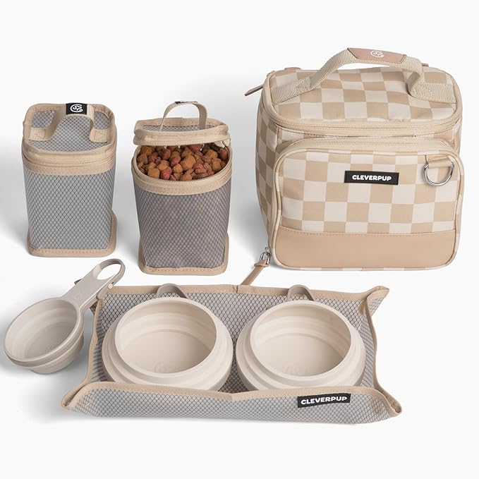 Cleverpup, Small 7-Piece Bistro Box Dog Food Travel Kit, 6-Cup Kibble Storage, 2 Silicone Bowls, Mat & Scoop - Premium Portable Pet Food Kit for Weekends, Overnights, Daycare & Camping, Checkerboard