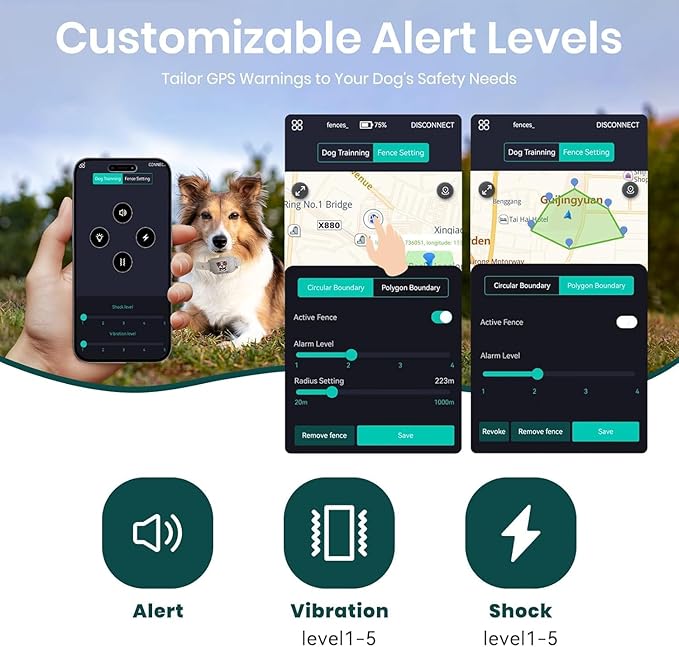 WEUYUY GPS Electric Dog Collar with Free App, Wireless Fence System with Training Collar, Portable Fence for Outdoor Use, Rechargeable Waterproof Collar, Adjustable of Dogs