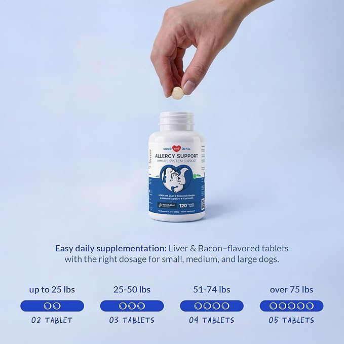 Allergy Support for Dogs - 120 Chewable Tablets - with Vitamin C, Omega 3 and Colostrum - Itch Relief, Allergy Relief for Dogs, Skin Soother - with Probiotics for Immune System Health