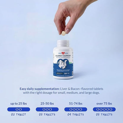 Allergy Support for Dogs - 120 Chewable Tablets - with Vitamin C, Omega 3 and Colostrum - Itch Relief, Allergy Relief for Dogs, Skin Soother - with Probiotics for Immune System Health