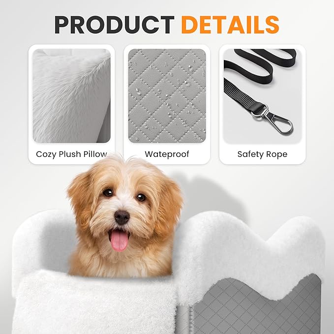 Mavora Max Portable Small Dog Seat for Car, Luxury Center Console Dog Car Seat Booster with Safety Tethers, Anti-Collapse Pet Travel Carseat for SUV, Truck (Light Grey/White)