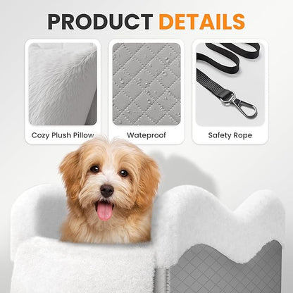 Mavora Max Portable Small Dog Seat for Car, Luxury Center Console Dog Car Seat Booster with Safety Tethers, Anti-Collapse Pet Travel Carseat for SUV, Truck (Light Grey/White)