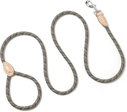 Mile High Life Rope Leash with Genuine Leather Connection, 6 FT/5 FT/4 FT, Heavy Duty Leash for Small Medium & Large Dogs(Black Beige,48 Inch)