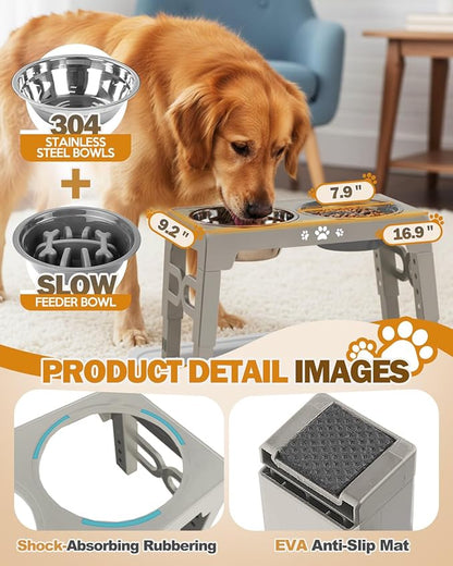 Elevated Dog Bowls, Dog Feeder with 1*Stainless Steel Dishes & 1*Slow Feeder Bowl, 5 Heights Adjustable Raised Stand for Medium Large, Food Dishes with Non-Slip Feet