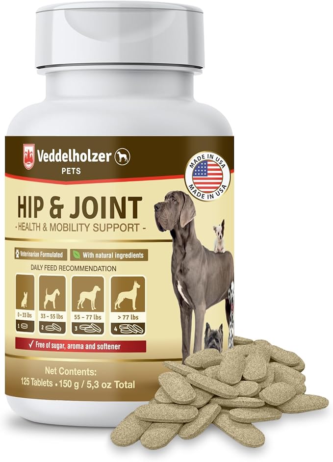 Veddelholzer Dog Joint Supplement Tablets – Hip & Joint Support with Glucosamine, Chondroitin, MSM & Turmeric – Mobility, Flexibility & Comfort Aid for Large & Small Breeds – Vet Recommended