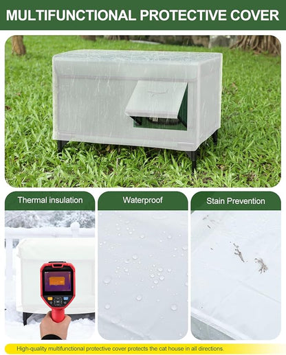 Heated Cat House for Outside,Dual Camera Mounts,100% Weatherproof & Extremely Insulated,Elevated Feral Cat Shelter with Escape Door,Waterproof Eaves for Outdoor Stray Barn Cat(Army Green,M)