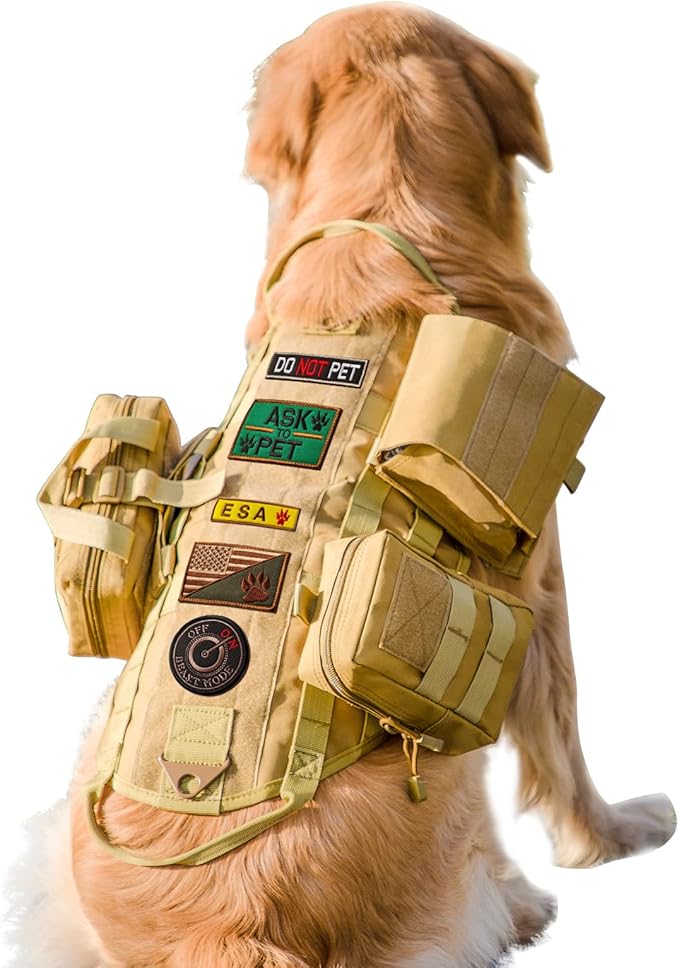 AIWAI Tactical Dog Harness with Pouches,Dog Vest Harness for Large Medium Dogs No-Pull Adjustable Military Dog Harness with Handle Walking Hiking Training (Khaki, L)