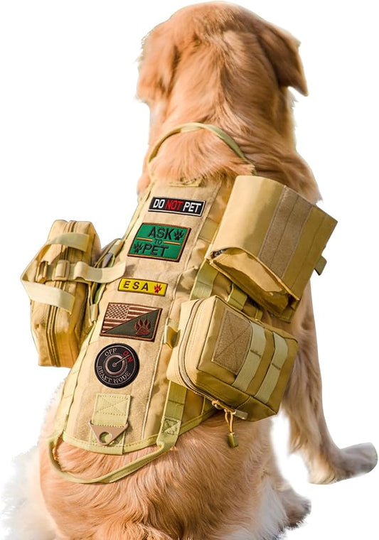 AIWAI Tactical Dog Harness with Pouches,Dog Vest Harness for Large Medium Dogs No-Pull Adjustable Military Dog Harness with Handle Walking Hiking Training (Khaki, L)