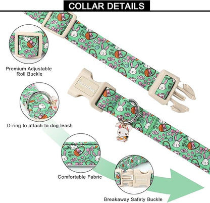Lionet Paws Easter Dog Collar- Cute Green Eggs Dog Collars with Plastic Buckle, Light Adjustable Dog Medium Collars with Rabbit Pendant for Medium Dogs