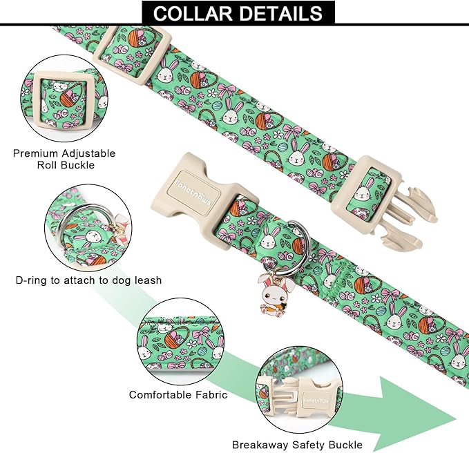Lionet Paws Easter Dog Collar- Cute Green Eggs Dog Collars with Plastic Buckle, Light Adjustable Dog Small Collars with Rabbit Pendant for Small Medium Dogs