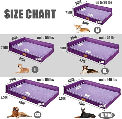 Patas Lague Orthopedic Jumbo Dog Bed for Extra Large Dogs 56''X40'', Waterproof L Bolster Pet Sofa Beds with Removable Washable Cover, Soft Comfortable Pet Couch Crate Mat with Nonskid Bottom, Purple