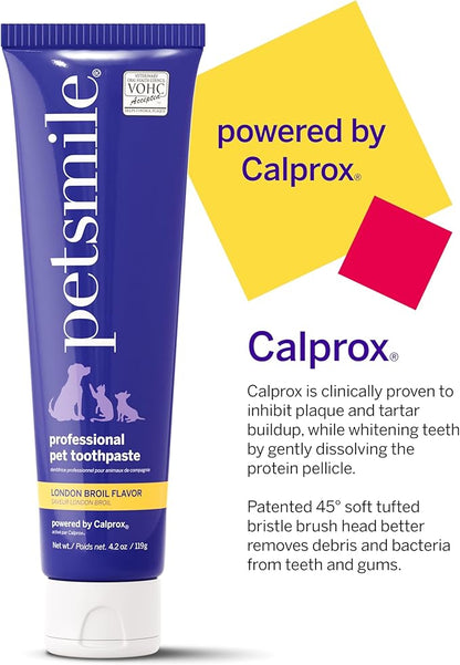 Petsmile Professional Pet Teeth Brushing Kit for Cats & Dogs- Only VOHC Accepted Toothpaste & Patented Toothbrush - Proven to Control Plaque & Tartar Calprox Formula (London Broil, 4.2 Oz)