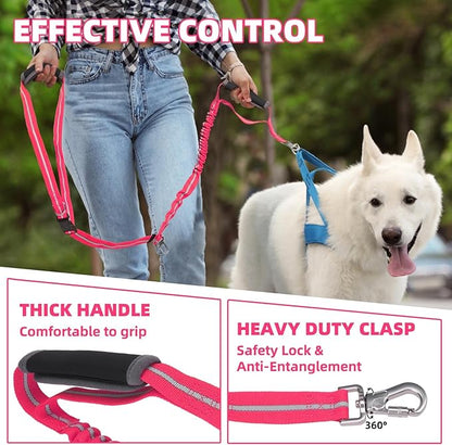 PUPTECK Heavy Duty Bungee Leash for Medium Large Dogs, No Pull Tactical Dog Leash with Double Handles for Training, Reflective with Car Seatbelt and Quick Release Buckle, Pink