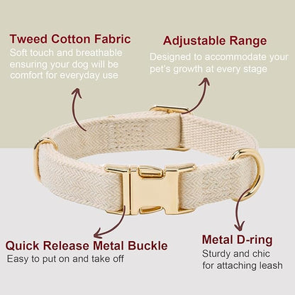 Ewinoom Soft Hemp Dog Collar and Leash Set Adjustable Woven Tweed Dog Collars with Metal Buckle and Lead for Small Medium Large Dogs,Beige